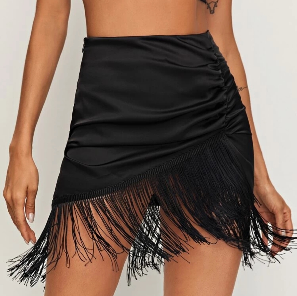 RUCHED FRONT FRINGE HEM SATIN SKIRT
